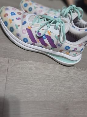 adidas White Sneakers with Mint Laces Lego & Purple Stripes